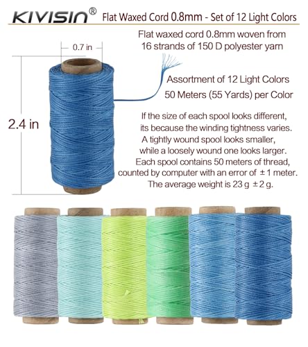 150D Flat Waxed Thread 0.8mm, 55 Yards/Spools, Wax Polyester String for Leather Project, Beading, Knotting, Micro Macrame Bracelets, Jewelry Making, DIY and Crafting -12 Light Colors - color: 12 Light Colors, size: 0.8mm
