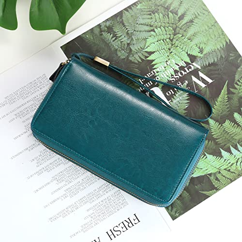 SENDEFN Leather Women Wallet RFID Blocking Zipper Around Phone Holder Clutch Wristlet Large Capacity - color: Peacock Blue