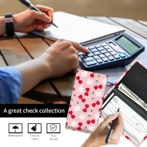 Checkbook Cover for Personal Checkbook, Cute Pu Leather Check Book for Women & Men, Slim Checkbook Holder with Pen Holder and Built-in Clear Plastic Divider, Pink Cherry - color: Pink Cherry