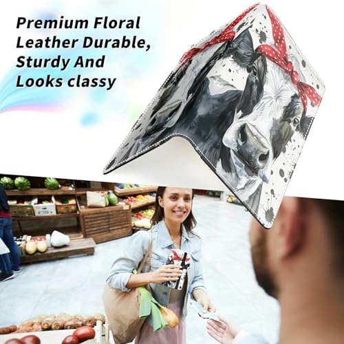 Check Book Cover for Personal Checkbook, Leather Business Checkbooks Plastic Insert Flap Card Holder Pen Hoop Holder with RFID Blocking Slim Wallet for Duplicate Checks Women Men, Cute Cow - color: Cute Cow