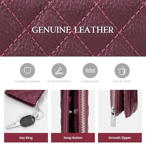 befen Real Leather Small RFID Blocking Wallet for Women with Credit Card Holder Zipper Coin Pocket Key Chain Wallets - Burgundy Red - color: Burgundy Red