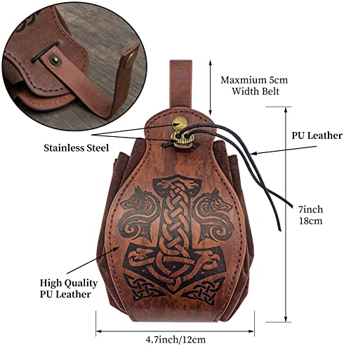 Embossed Fenrir Mjolnir Leather Drawstring Belt Pouch Men Women | Portable Waist Pack,Retro Medieval Viking Knight Look,Multifunctional Bag,Ideal LARP Party Halloween Cosplay Wear,Gift,Brown - color: Viking Fenrir and Mjolnir Belt Pouch-Brown