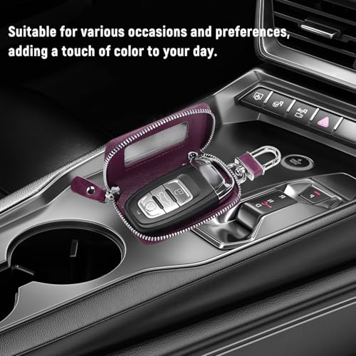 Car Key Fob Case, Remote Keys Storage Bag with Metal Hook & Transparent Window, Waterproof Leather Auto Key Fob Holder Keychain Zipper Bag for Women Men, Car Accessories (Purple) - color: Purple