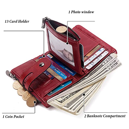 boshiho Genuine Leather Bifold Chain Wallet for Men RFID Blocking - color: Red-2