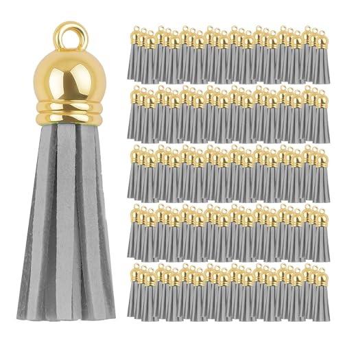 Mandala Crafts Gold Cap Gray Faux Suede Leather Tassels, 100 PCs - color: Gold Cap Gray Suede