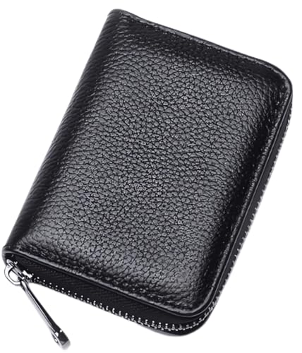 Credit Card Holder Genuine Leather Small Card Wallet (Black 11) | 11 Card Slots RFID Blocking Accordion Wallet with Zipper - color: Black 11