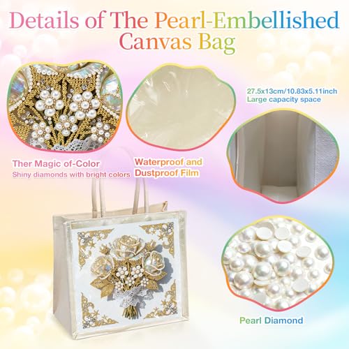 Xylzzuit DIY Pearl Painting Canvas Tote Bag Kit 11.42IN Diamond Art Handbag for Women Shopping Grocery Bag Dots Beads Art Craft Gift (Flower01) - color: Flower01