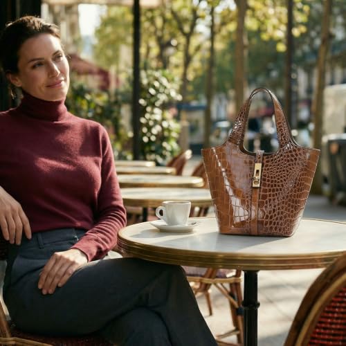 Tote Bag for Women Top Handle Handbag Satchel Bag for Women Vegan Leather Lock Design Bucket Purse for Work Evening - color: E