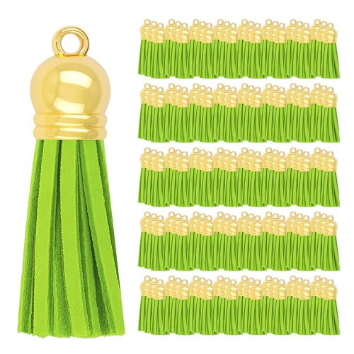 Mandala Crafts Gold Cap Lime Green Faux Suede Leather Tassels, 100 PCs - color: Gold Cap Lime Green Suede