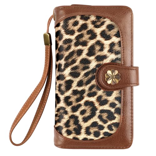 Coco Rossi Light Leopard Print Wallet for Women Large Capacity Long Purse | RFID Blocking, Clutch, Multi Card Holder Wallet, Ladies Purse with Wrist strap Purse, Sunflower Snap Button - color: Light Leopard Print