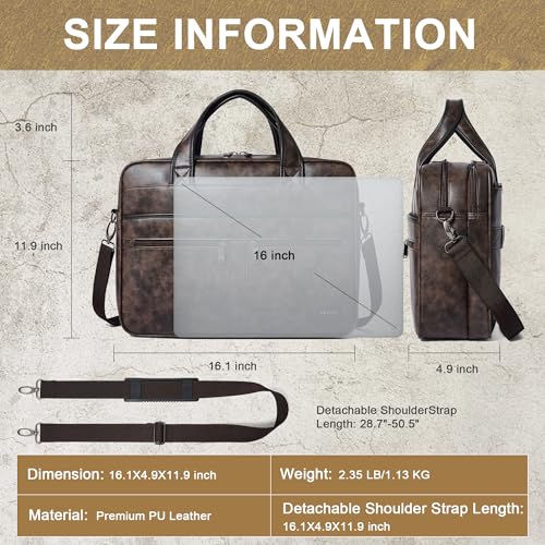 Shrrie Leather Messenger Bag for Men&Women 16 inch Laptop Bag,Water-Resistant Retro Leather Briefcase for Men Business,Work - color: Coffee