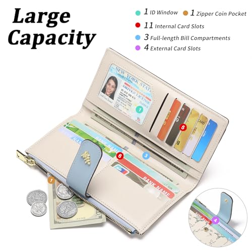 GAEKEAO Womens Wallet Slim Thin RFID Blocking Floral Vegan Leather Card Holder Bifold Long Ladies Wallet with Zipper Pocket - color: Blue