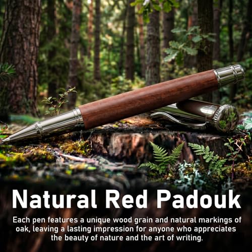 WEMATE Wood Rollerball Pen Set, Nice Pen for Men, Fancy Look - Red Padouk | 2 Refills, Executive Style, Luxury Finish, Smooth Writing for Journaling and Signatures, Office Use, Black and Blue Ink - style: Red Padouk