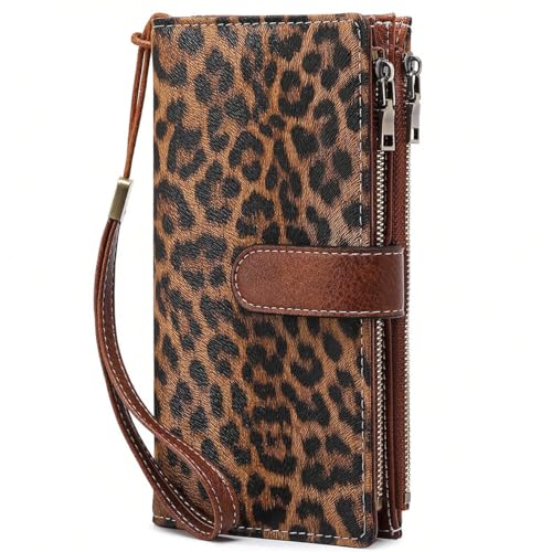 Women Leather Wallet Crossbody Shoulder Bag with Double Zipper and Mobile Phone Purse with Shoulder Strap - color: 355-leopard Print