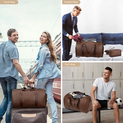 3PCS Faux Leather Weekender Bag for Women Men Travel Bag Overnight Bags | Leather Travel Duffel Bags for Traveling with Shoe Compartment Toiletry Packing Cube Carry On Tote Bag Men Fit 21.5" Laptop - color: Coffee