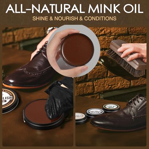 13Pcs Shoe Polish Kit, Shoe Shine Kit for Men & Women with Horsehair Brush, Mink Oil for Leather Boot Shoe Care Kit - color: Dark Brown