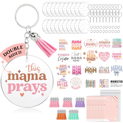 YOPPIX 140 PCS Acrylic Keychain Blank Set, Mama Double-Sided UV DTF Stickers Acrylic Keychain Making Kits for Vinyl DIY Craft Project - color: MAMA