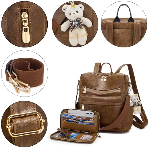 Soperwillton Women Backpack Purse Shoulder Handbags Travel Bag Set 2pcs | Soft PU Leather,Large Capacity,Many Pockets,with a Functional Wallet,with a Detachable Shoulder Strap,Multipurpose Design - color: Darkbrown