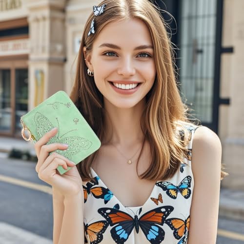 KITEVIUN Women RFID Blocking Small Bifold Wallet, Compact Cash Clutch with Zipper Coin Pocket, Glittery Butterfly Design, Credit Card Holder, Travel Purse with Tassel PEPPERMINT-GREEN - color: 01-PEPPERMINT-GREEN