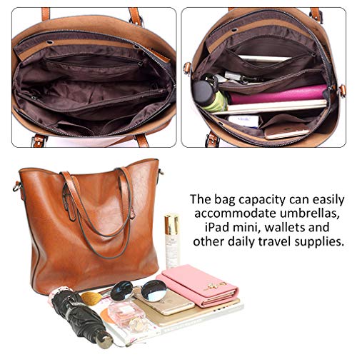 Pahajim Faux Leather Tote Bag for Women, Large Zipper Shoulder Purse - color: 2brown