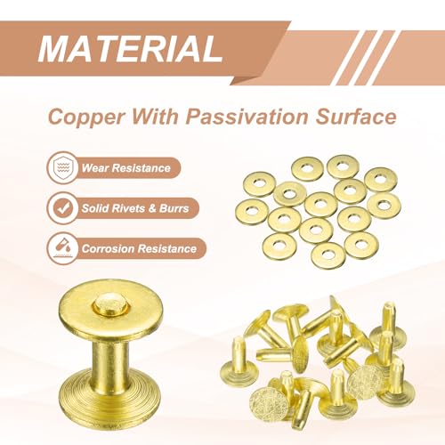 HARFINGTON 15Set Brass Rivets and Burrs Washers 9x3.3x9mm Dimpled Finish Solid Leather Rivet Fastener Studs Posts for Leather DIY Craft Belts Wallets Collars, Gold Yellow - color: Gold Yellow, size: 9x3.3x9mm