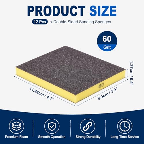 12Pcs 60Grit Double-Sided Sanding Sponges, Washable & Reusable | Handmade Sanding Blocks - Wet Dry Flexible Sandpaper Abrasive Brick Pads for Wood Drywall Metal Polishing, Yellow - size: 60Grit