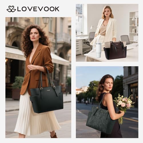 LOVEVOOK Laptop Tote Bag for Women,Leather Work Computer Briefcase Bag | Large Cup Holder,17.3 Inch Work Tote,Professional Briefcase,Teacher Commuter Shoulder Bag,Office,Travel,Gift - color: Coffee Color With Black, size: 17.3 Inch