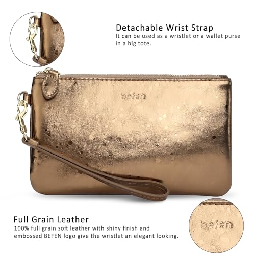 befen Genuine Leather Wristlet Clutch RFID Blocking Bag Cell Phone Purse | Cell Phone Wristlet Clutch for Women, Small Wallet Purses with RFID Blocking Card Slots - color: Bronze