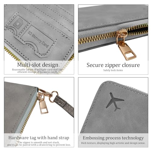 Passport Holder for Travel Wallet,RFID Detachable Wrist Strap Wallet | Leather Travel Card Sleeve for Men Women - color: Gray