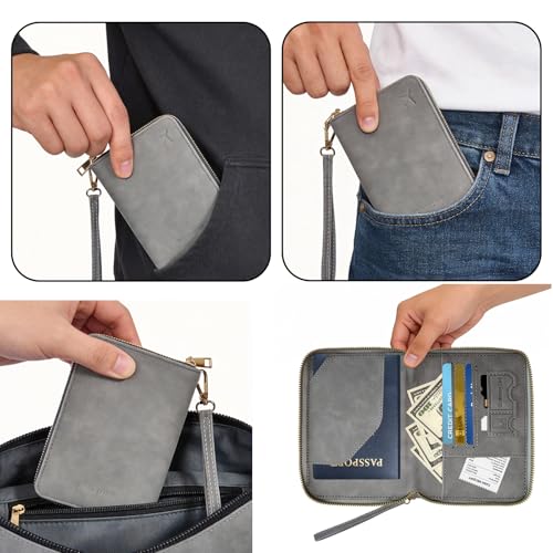 Passport Holder for Travel Wallet,RFID Detachable Wrist Strap Wallet | Leather Travel Card Sleeve for Men Women - color: Gray