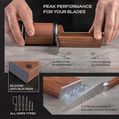 Stonka Walnut Rolling Knife Sharpener Kit – Premium Dark Wood, Diamond Wheels, Magnetic Angle Guide 15° & 20°, Leather Strop – Giftable Packaging - color: Walnut