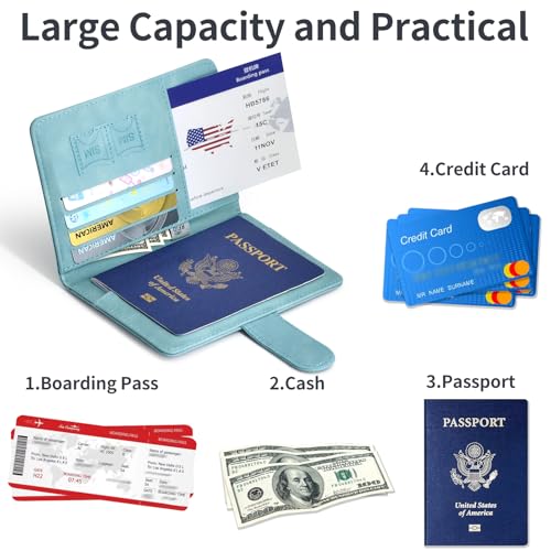 Passport Holder, Passport Cover with Credit Card Slot and Boarding Pass Slot Combo, Passport Wallet Case Book Travel Must Have, RFID Blocking Leather Travel Accessories, Light Blue - color: Light Blue
