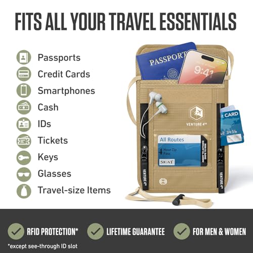 VENTURE 4TH Travel Neck Wallet, RFID Blocking Passport Holder - Beige - color: Beige