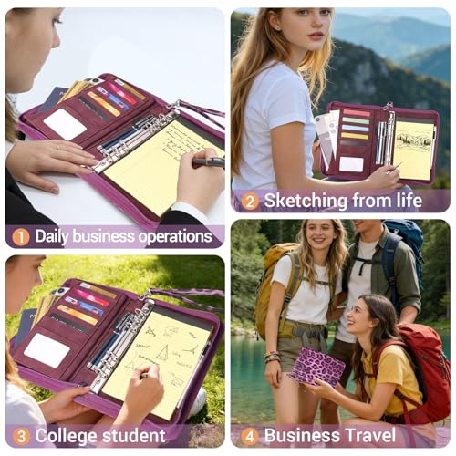 A5 Binder 6 Ring with Zipper, Portable Planner for Travel & Study - color: Purple