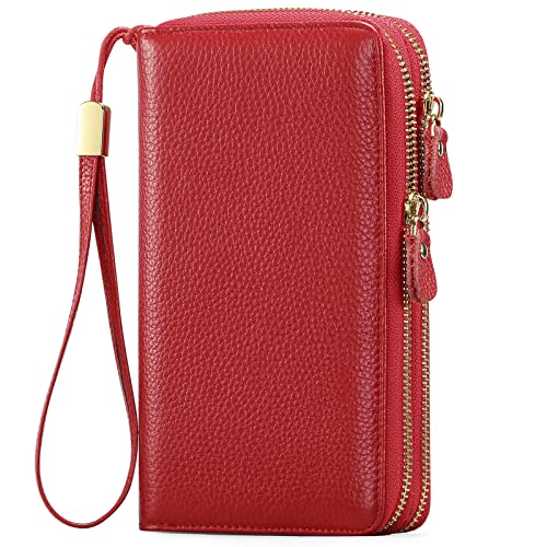SENDEFN Leather Women Wallet RFID Blocking Zipper Around Phone Holder Clutch Wristlet Large Capacity - color: Red