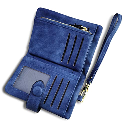 AOXONEL Women's Small Bifold Leather wallet Rfid blocking Ladies Wristlet with Card holder id window Coin Purse - color: Blue