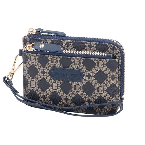Royal Bagger Women's RFID Coin Purse – Signature Coated Canvas & Vegetable-Tanned Cowhide Leather, Multi-Zipper Clutch Wallet with Keychain & Wristlet 2903 (Dark Blue) - color: Dark Blue