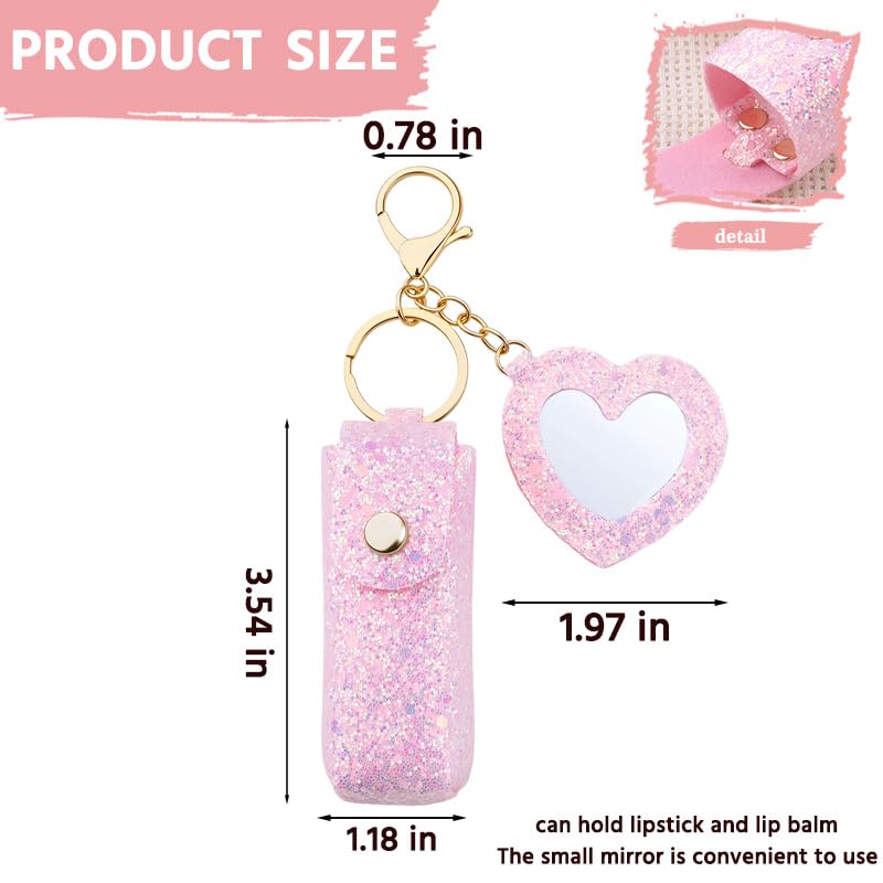 Sisadodo Lip Oil Lipstick Case with Mirror Lip Oil Lipstick Holder Key Chain for Car Keys Keychains Lipstick Organizer Case - color: Glitter Pink