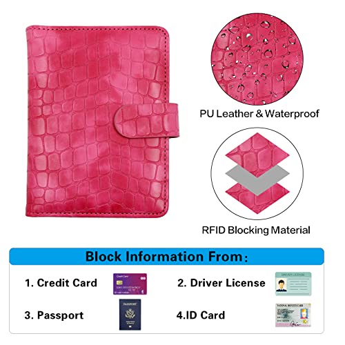 Melsbrinna Premium Leather Passport Holder Covers Case, Waterproof Rfid Blocking Travel Wallet Passport Holder with Pen Holder, Cute Passport Book for Women/Men - color: AJ-Stone-rose red