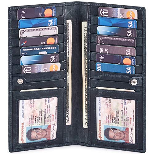 Long Wallet for Men Women Leather Slim Bifold RFID Blocking Card Holder | Real Top Grain Leather, Stylish 18 Credit Card Slots, 2 ID Windows, 2 Currency Sleeves, Gift Box, (Navy, Wax Pull Up) - color: Navy Wax Pull Up