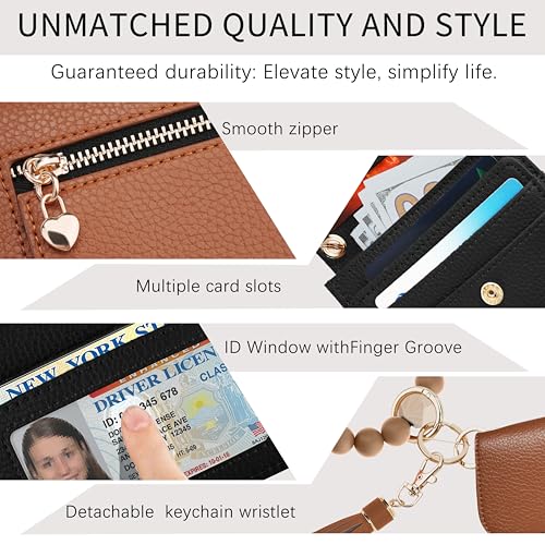 Keychain Wallet for Women,RFID Wristlet Wallet with Beaded Strap | Tri-Fold Design,6 Card Slots,ID Window,Zipper Coin Pocket,Lightweight Carry - color: Brown＆Black