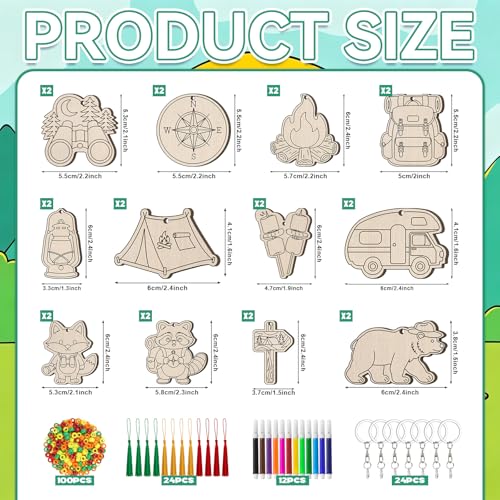 Cinrobiye 24 Set Camping Party Favors Camp Keychain Craft Kits Bulk Happy Camper Wooden Paint Keychains with Colored Pens for Outdoor Adventure Birthday Party Supplies Summer Home School Art Activity - style: Camper
