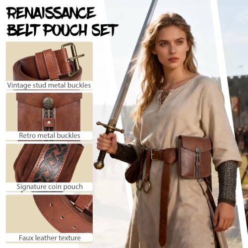 Renaissance Belt Pouch Medieval Pirate Costume Accessories Set for Cosplay | Viking Faux Leather Waist Bag, Skirt Hike Clips, Perfect for Women and Men Ren Faire, LARP, Fantasy, Halloween - color: Brown-C