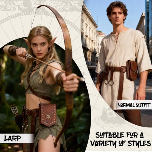 Renaissance Belt Pouch Medieval Pirate Costume Accessories Set for Cosplay | Viking Faux Leather Waist Bag, Skirt Hike Clips, Perfect for Women and Men Ren Faire, LARP, Fantasy, Halloween - color: Brown-B