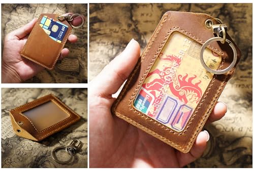 Genuine Real Leather ID Badge Holder with Lanyard & Retractable Reel, Top Grain Leather Vertical ID Holder & Lanyard, Gold Metal Keyring (Blue) - color: 15 Id Holder & Lanyard - Blue