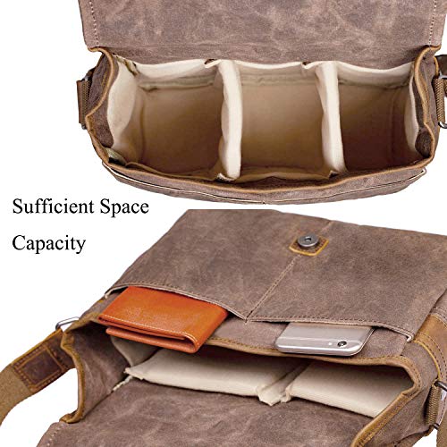 SLR Camera Bag, Waterproof Wax Canvas Bag Vintage Camera Case Messenger Bag with Interlayer Pad
