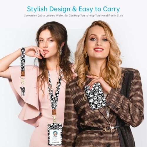 Black and White Dog Paws 2-in-1 ID Badge Holder & Lanyard Wallet for Teachers,Nurse,Professionals-Cute Zippered Coin Pouch,Removable Wristlet & Neck Lanyard,5 Card Slots Stylish Work Essential - color: Black and White Dog Paws