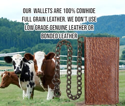F&L CLASSIC RFID Blocking Mens Tri-fold Long Style buffalo crazy horse Leather Steel Chain Wallet,ostrich print brown,212-51 - color: ostrich print brown