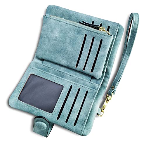 AOXONEL Women's Small Bifold Leather wallet Rfid blocking Ladies Wristlet with Card holder id window Coin Purse - color: Green