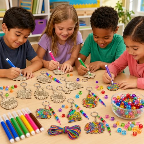 Cinrobiye VBS 2026 Wooden Keychain Craft Kit, 24 Sets Color Your Own Jesus Light of the World Keychains with Beads, Christian Craft for Sunday School, Bible Class, Church VBS Activities - style: VBS